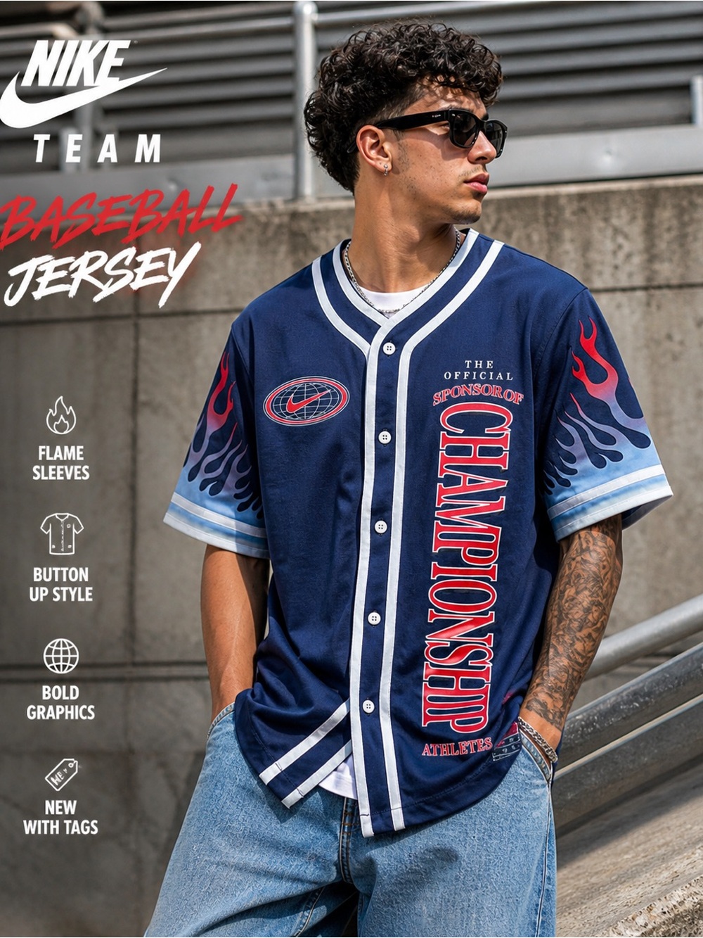 Nike Team Baseball Jersey Shirt M Flame Graphic Button Up NWT